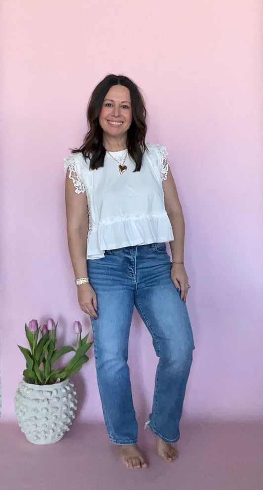 Side Lace Ruffle Hem Top